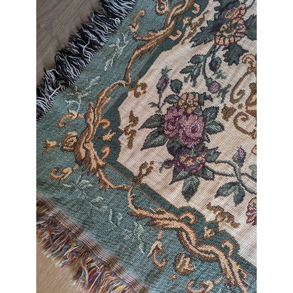 Vintage Woven Tapestry Throw Blanket Floral Damask Sage Green Fringe Grannycore